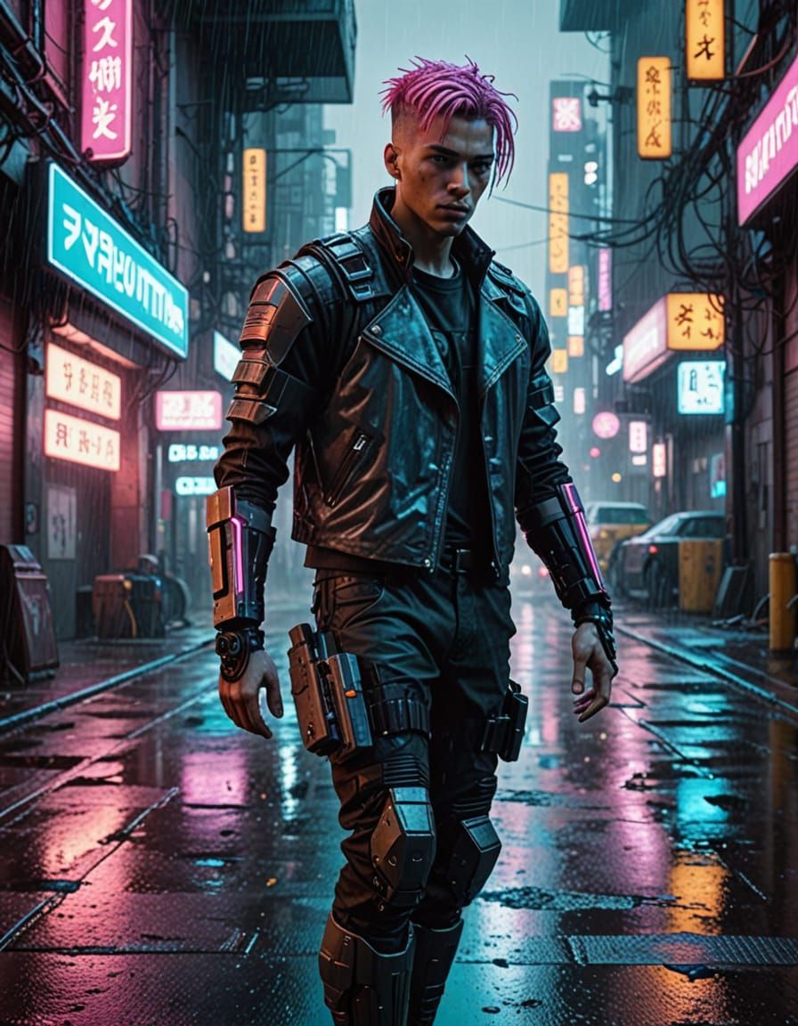 Cyberpunk Hero in Neon-Lit Urban Landscape