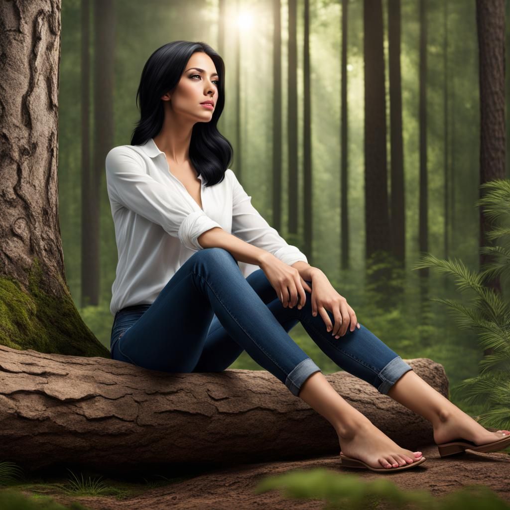 Beautiful Woman with Bare Feet in Forest