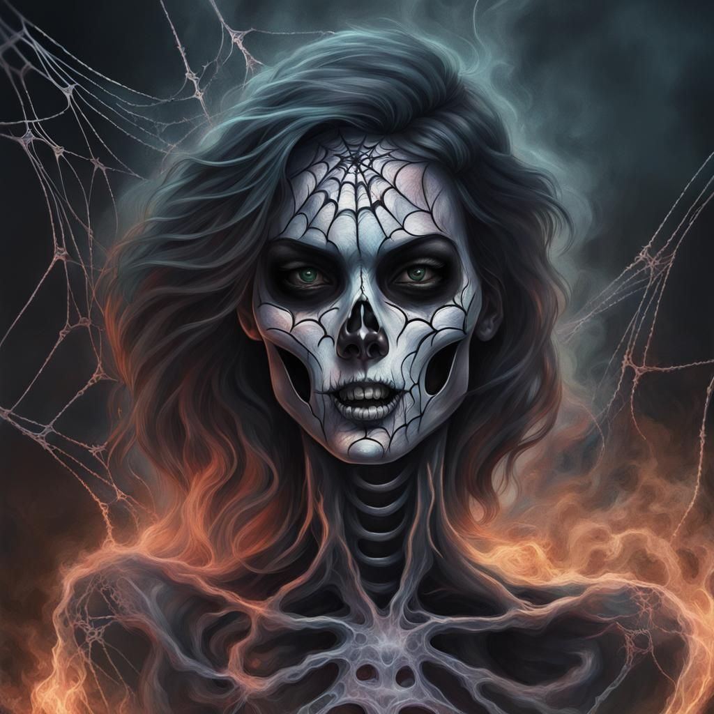 Angry Skeleton Portrait with Spider Web Tattoos