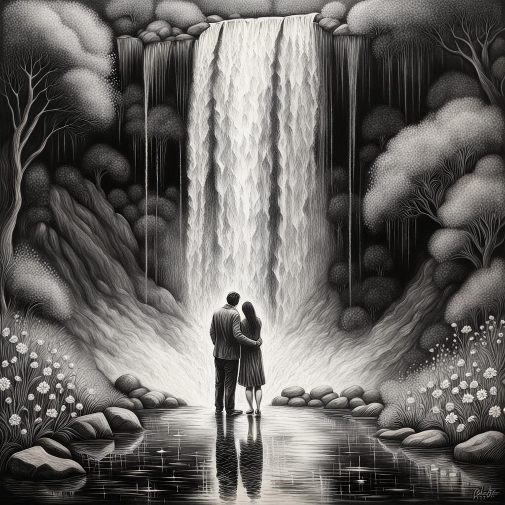 Romantic Waterfall Scene in Impressionistic Charcoal Style