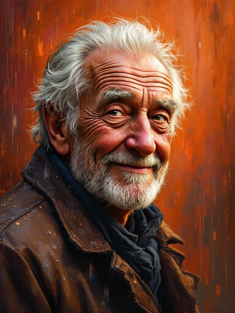 Wise Old Man in a Rainy Storm Landscape