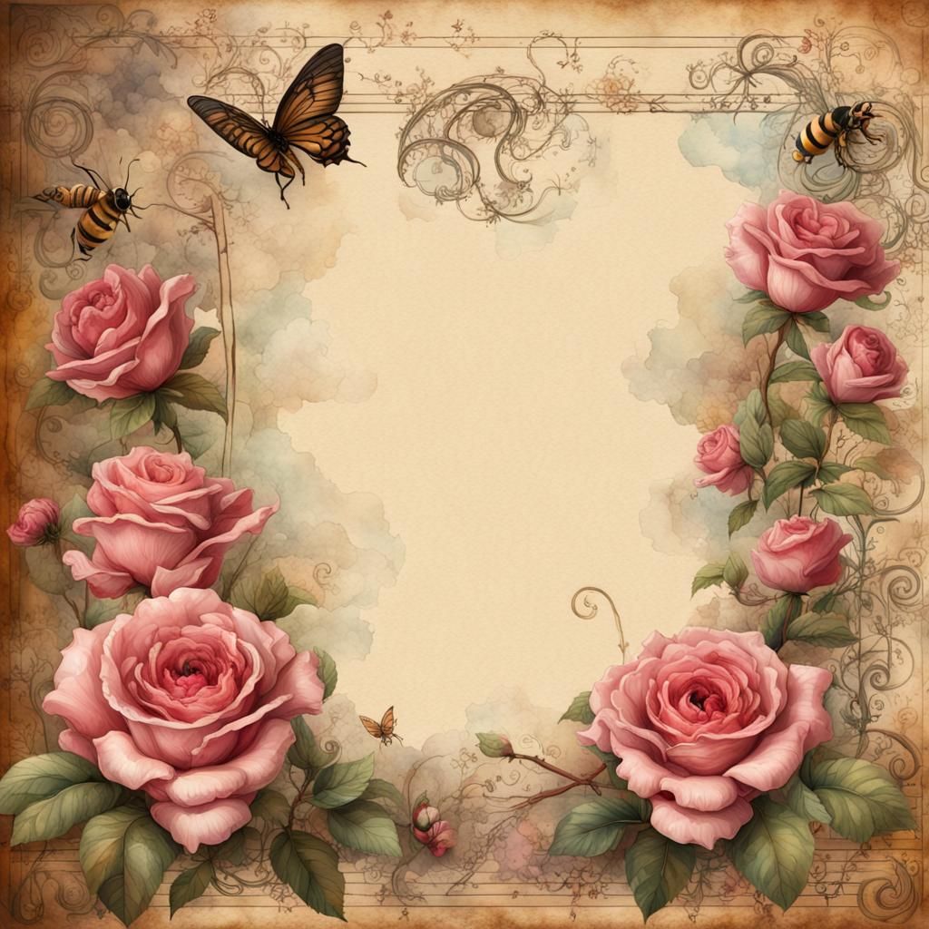 Vintage Floral Notebook Page with Bees and Music