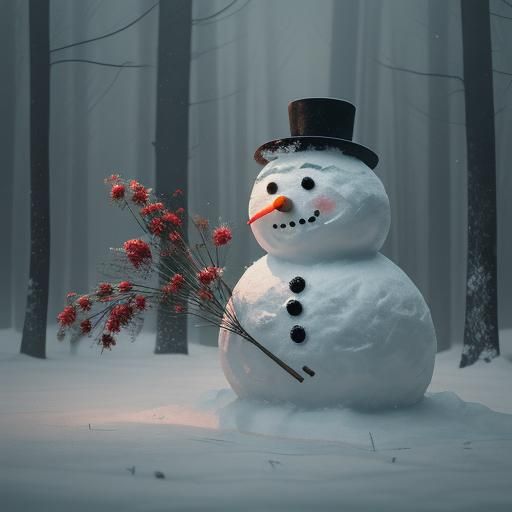 Cheerful Snowman with Bouquet of Red Roses in Snowy Forest