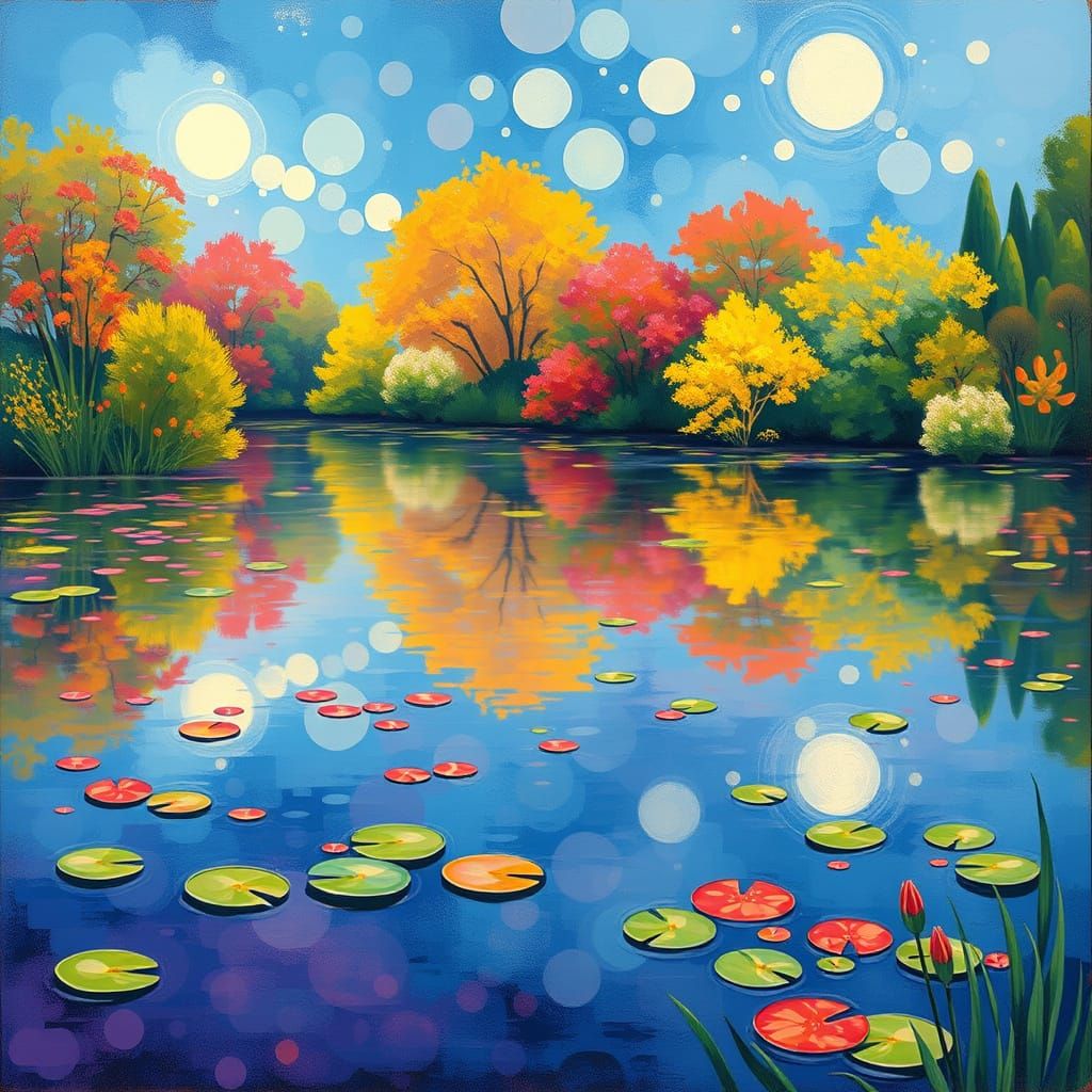 Impressionist Dreamscape: Vibrant Colors on a Pond