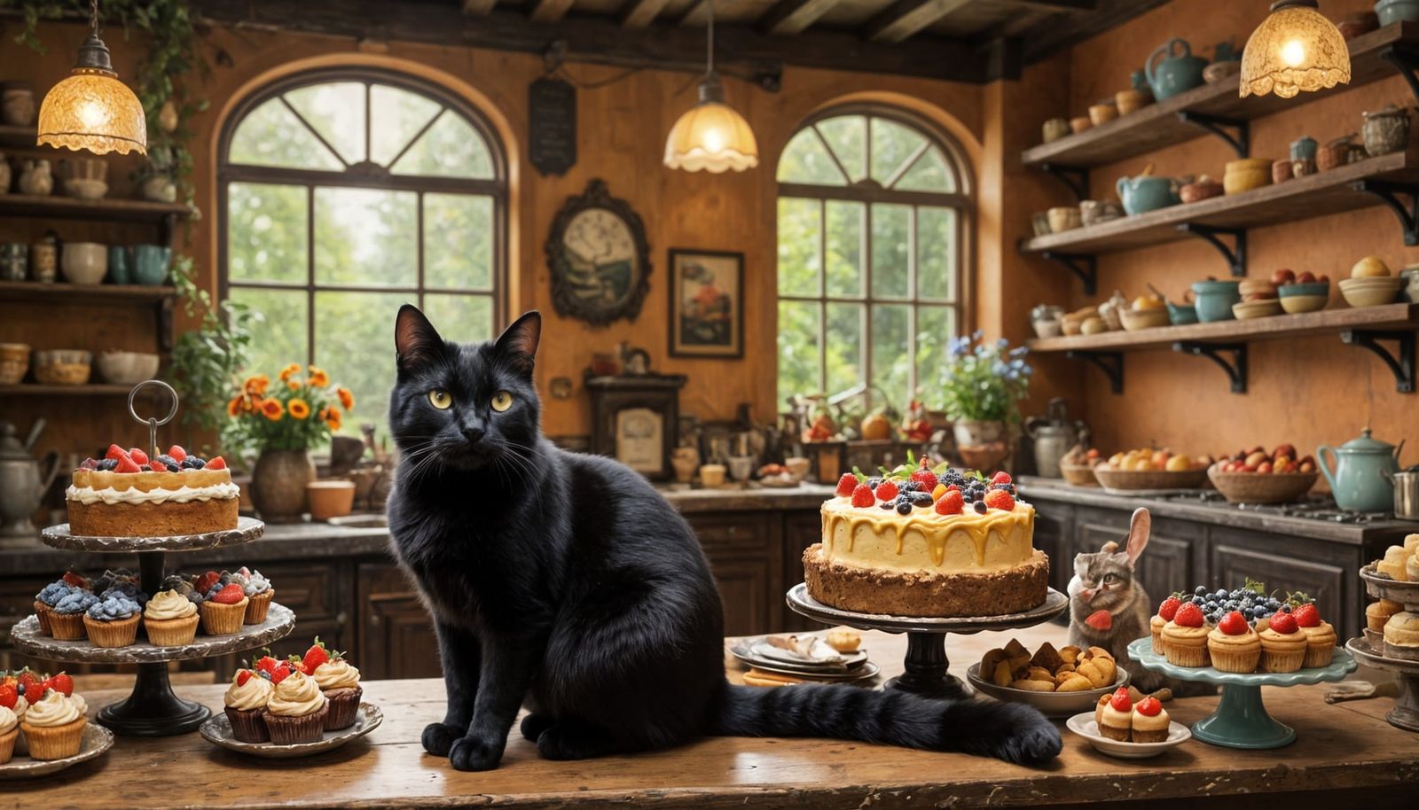 Whimsical Fairy-Tale Pastry Shop Scene with a Cute Black Cat