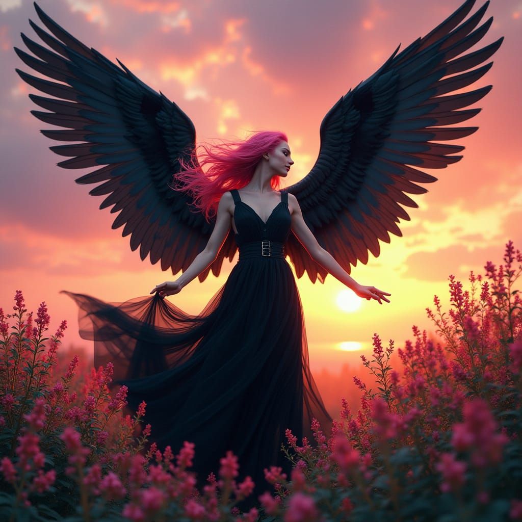 Gothic Angel Dances Among Vibrant Snapdragon Flowers