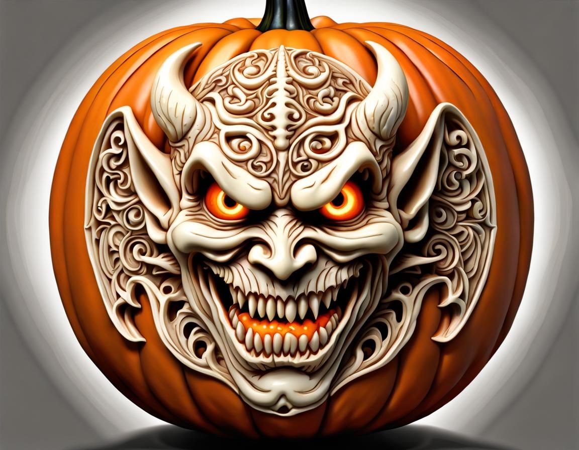 Halloween pumpkin carving, a scary demon