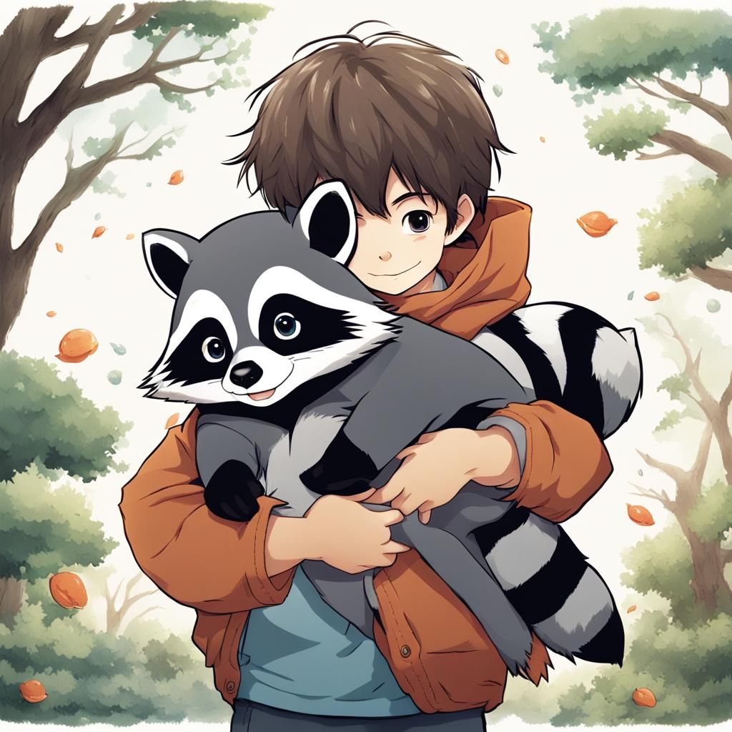 Toddler and Raccoon Pet in Manga Style
