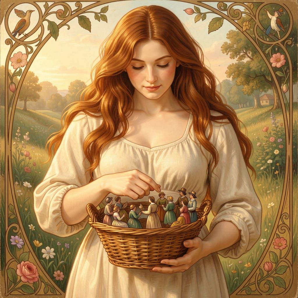 Giantess Gently Places Tiny People in Basket in Golden Light