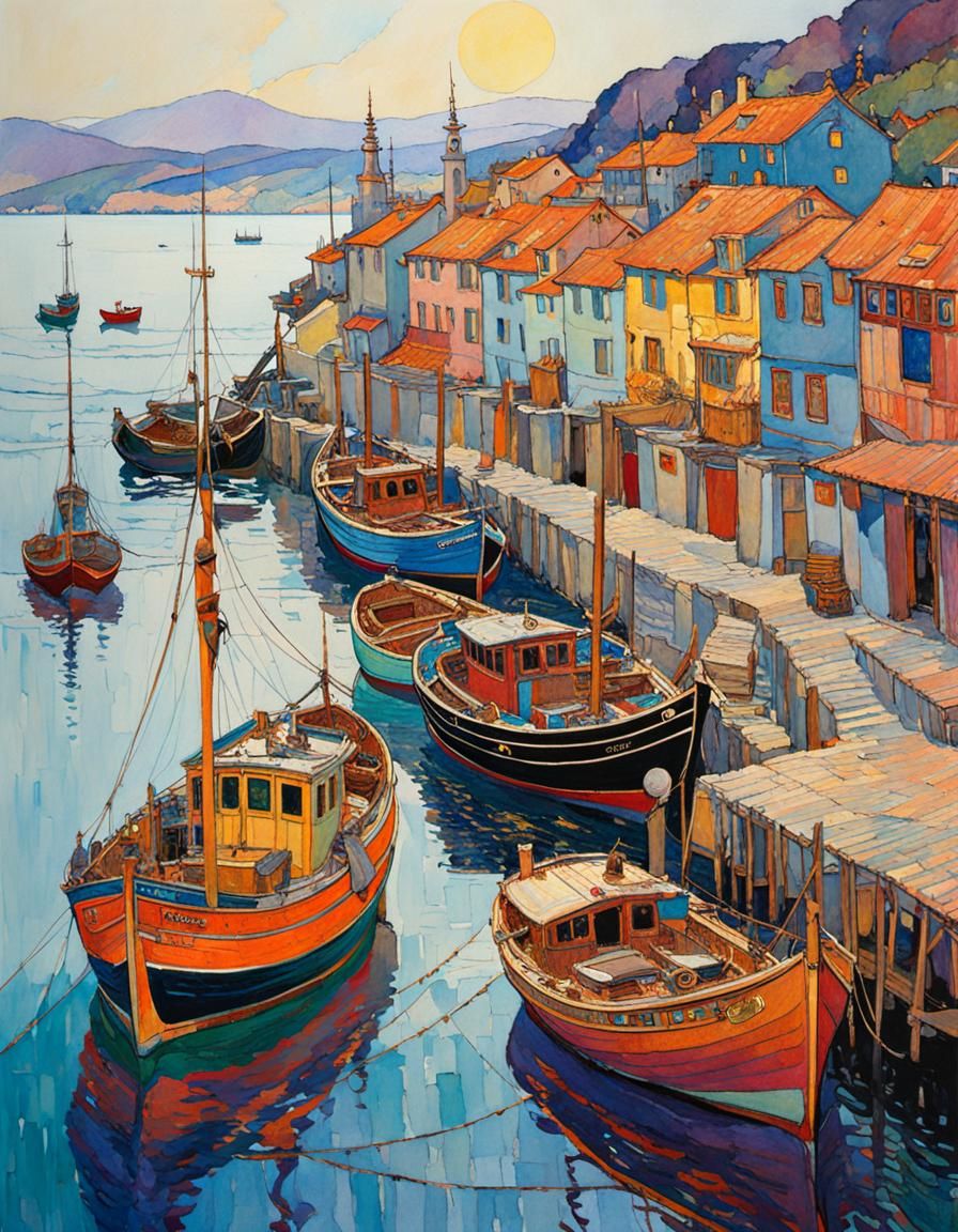 Fishing Boats at Sea: Art Nouveau Watercolor