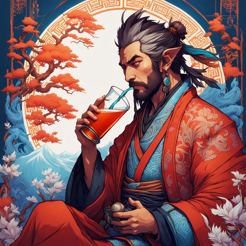Auron Drinks Sake: Detailed Digital Painting