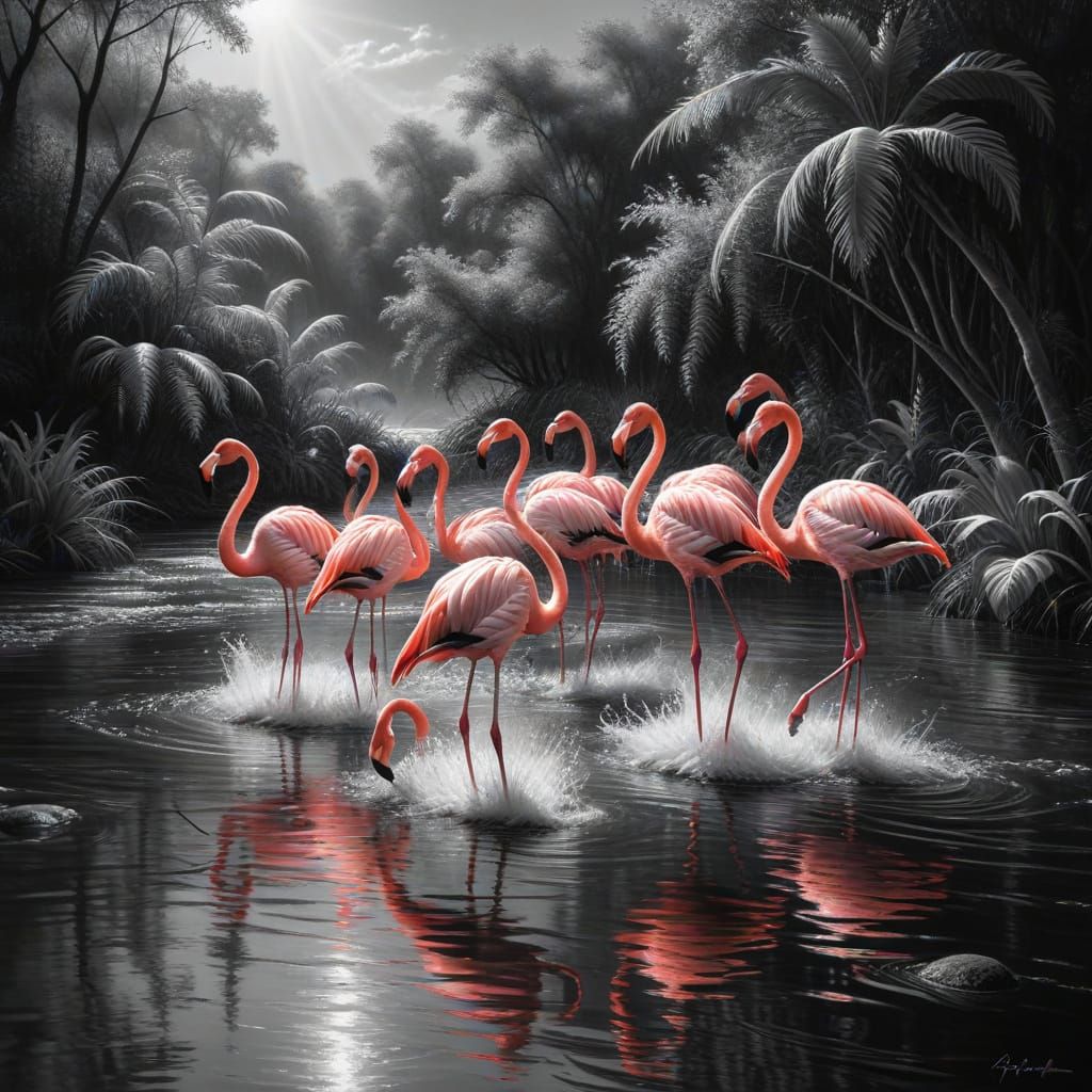 Pink Flamingos in Charcoal Drawing Style