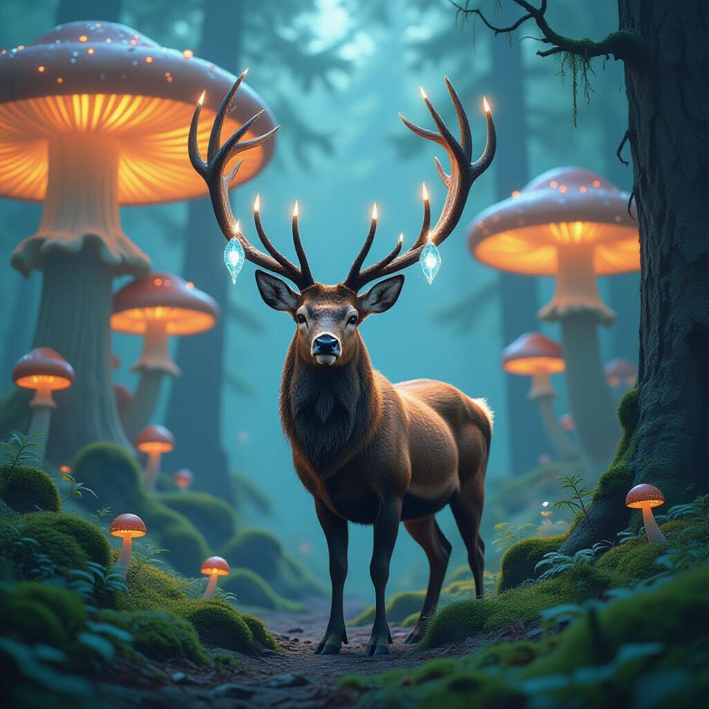 Stag with Crystal Antlers in Bioluminescent Mushroom Forest