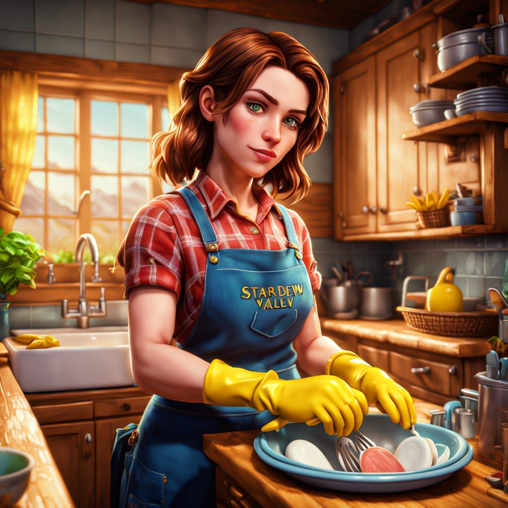 Jodi from Stardew Valley in Moody Hyperrealistic Kitchen Sce...