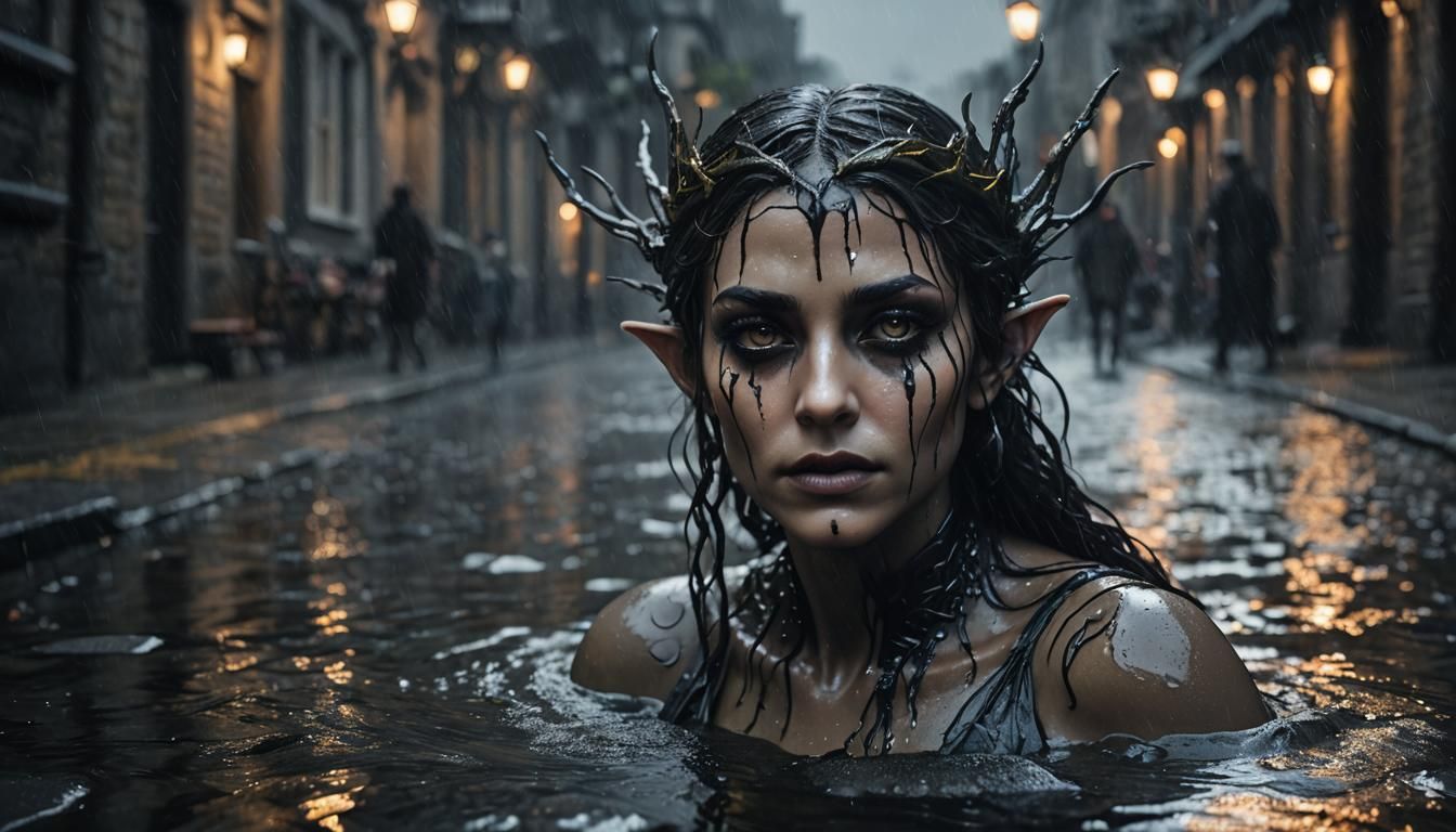 Drowned Elf Queen in Victorian Street: Hyperrealistic Art