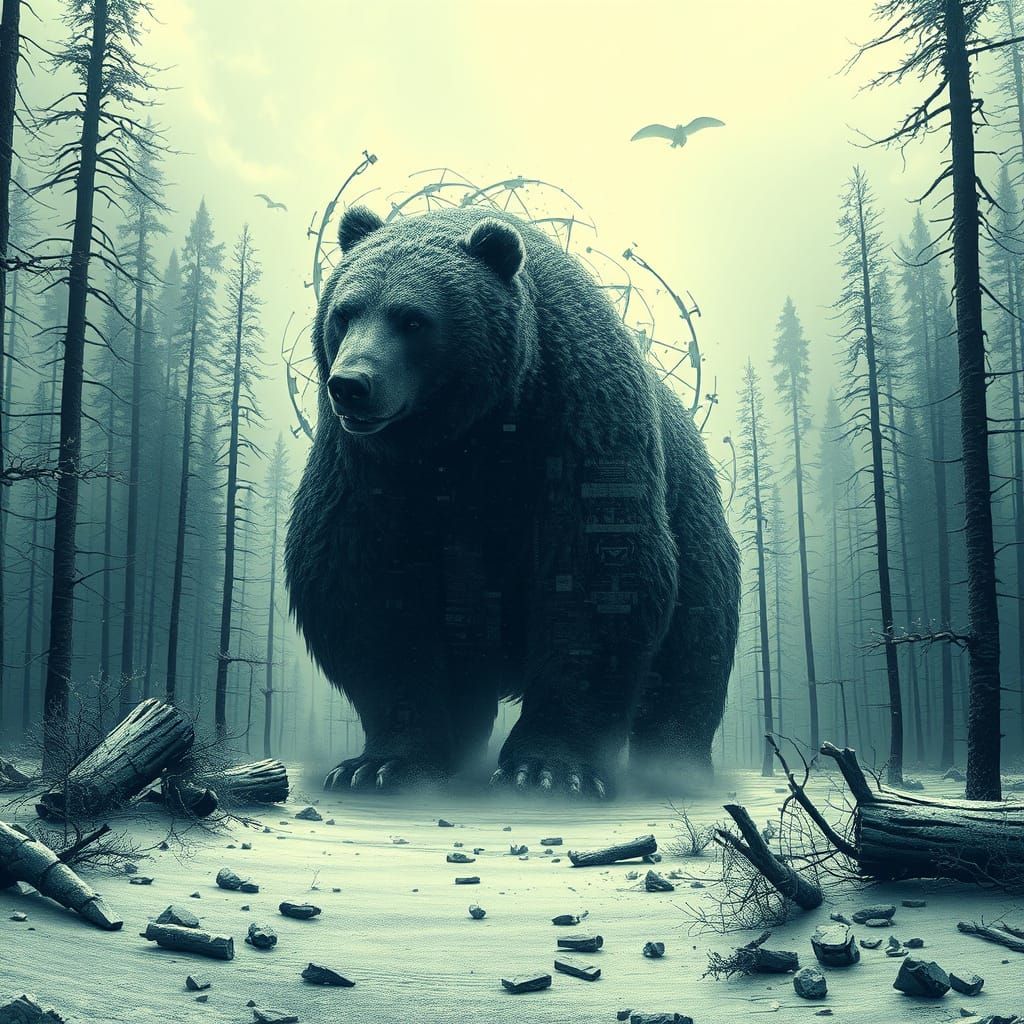 Colossal Pixelated Bear in Glitching Digital Forest