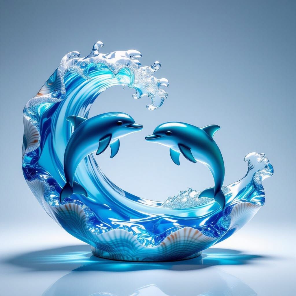 Sea Glass Dolphins in a Blue Glass Ocean Wave Sculpture