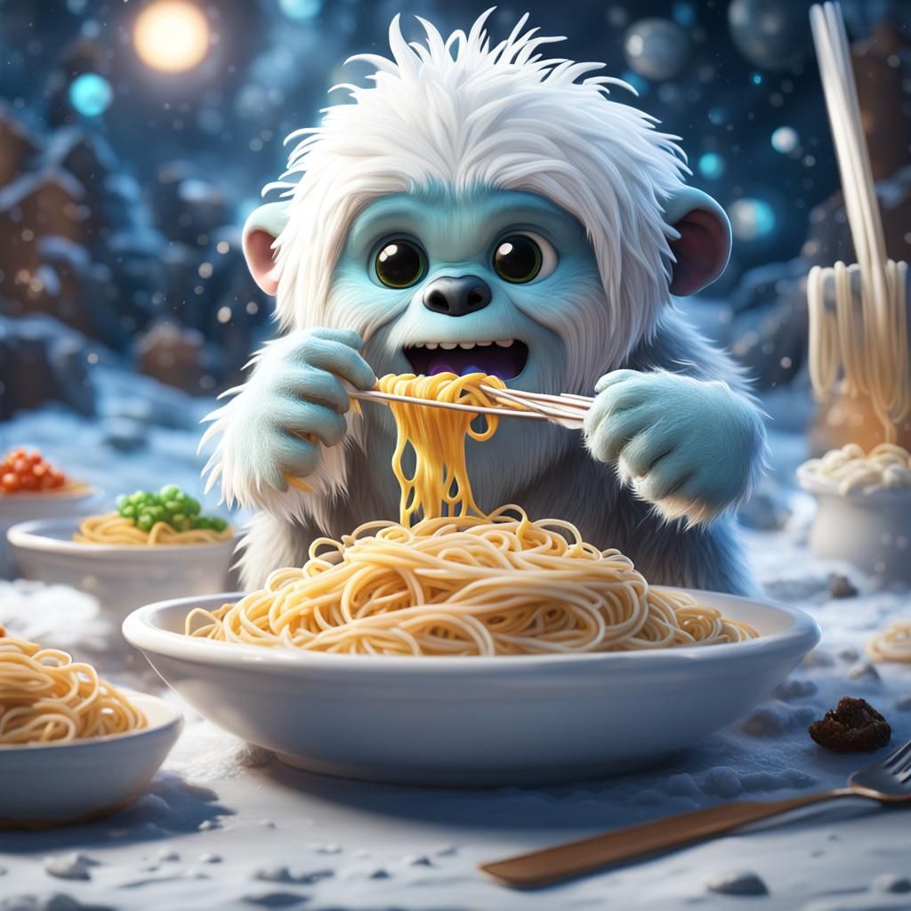 Cute Baby White Yeti Eating Spaghetti