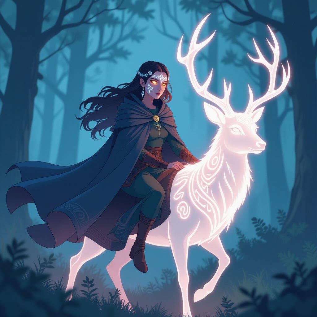Norse Goddess Rides Spectral Deer in Enchanted Forest