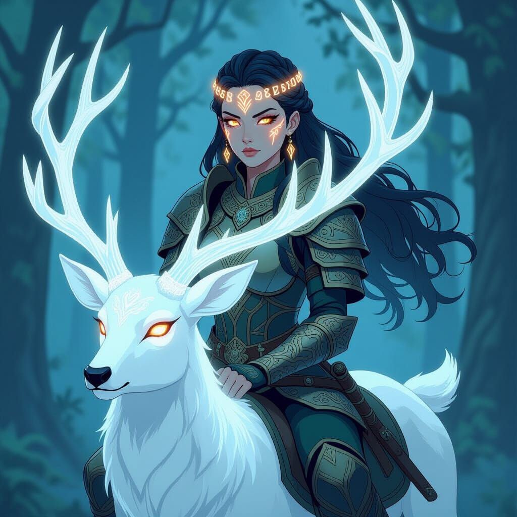 Norse Goddess Rides Luminous Deer, Studio Trigger Style