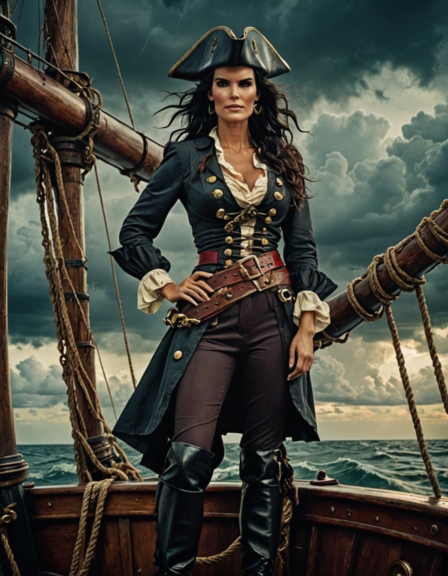 Pirate Pin-Up on Stormy Seas: Cinematic Film Still