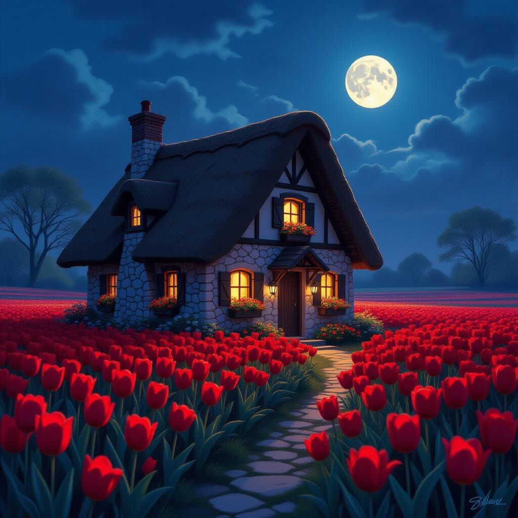 Charming Cottage in Tulip Field, Neo-Impressionistic Style