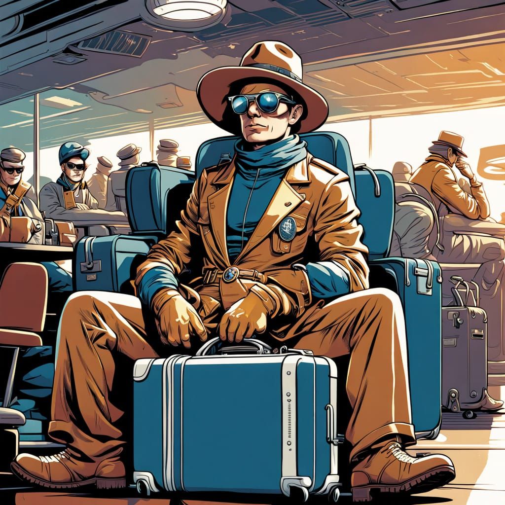 Caffeine Spaceman in Airport Lounge, Comic Book Art Style