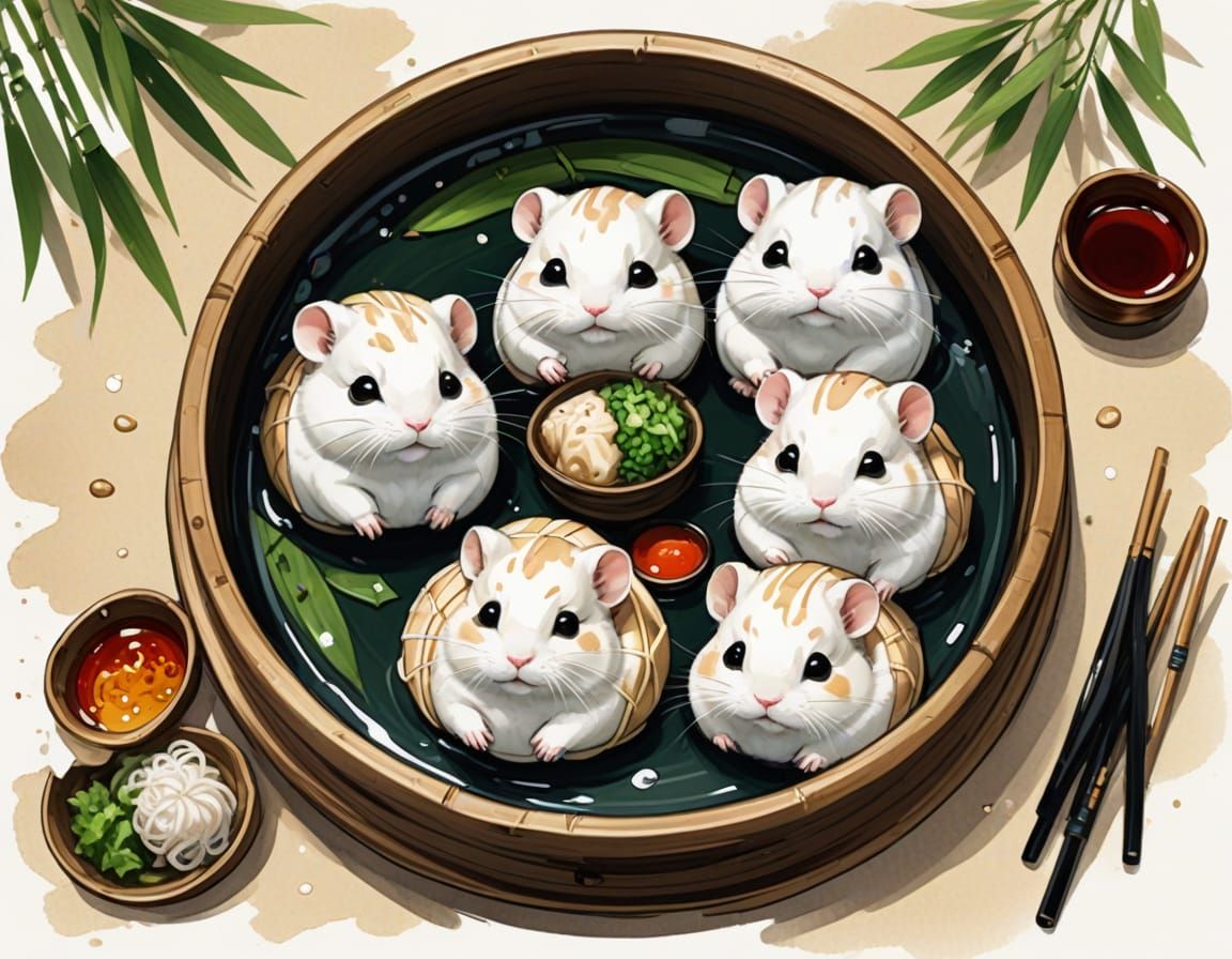 Cute Steamed Dumpling Hamsters in Traditional Chinese Art St...