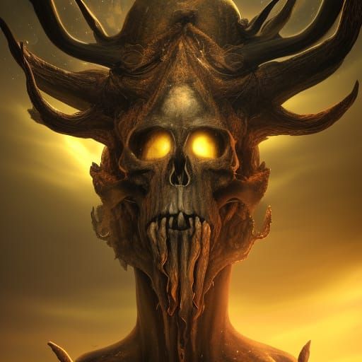 Skull Deer God Bowing to Shrouded Figure