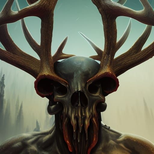 Skull Headed Deer God Bowing, Fantasy Concept Art