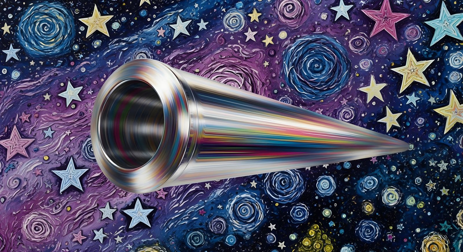 Metallic Cylinder Races Through a Colorful Surreal Cosmos