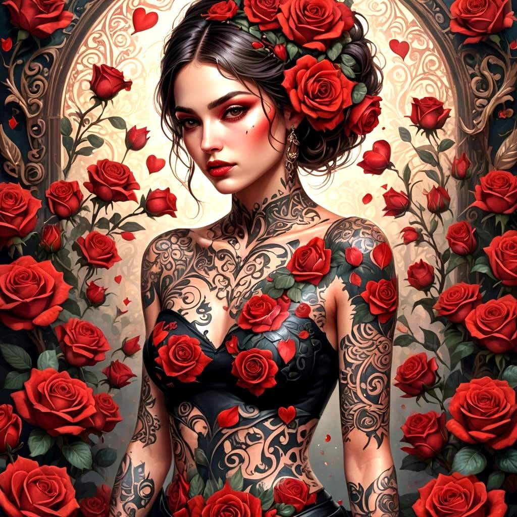 Love Heart Design with Roses Tattoo