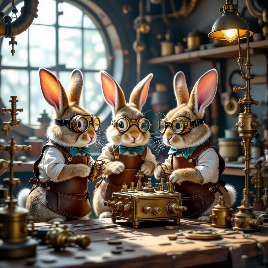 Steampunk Rabbits in Futuristic Workshop