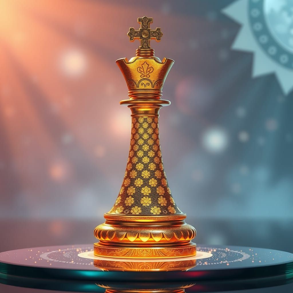 Golden Chess King on Glass Board with Ethereal Light
