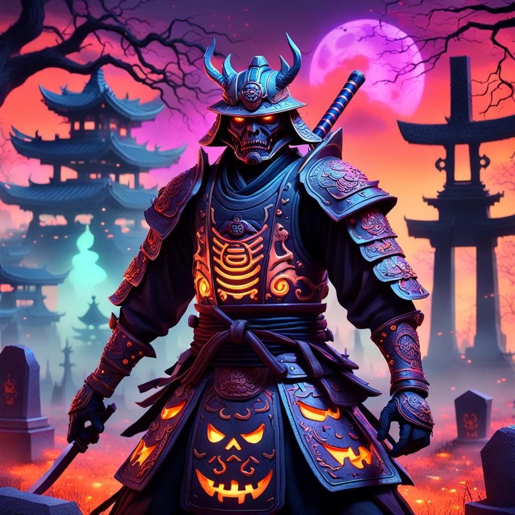 Samurai Halloween Battle in a Neon Graveyard