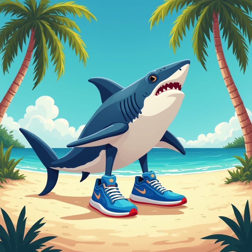 Shark on Beach Wearing Blue Nikes