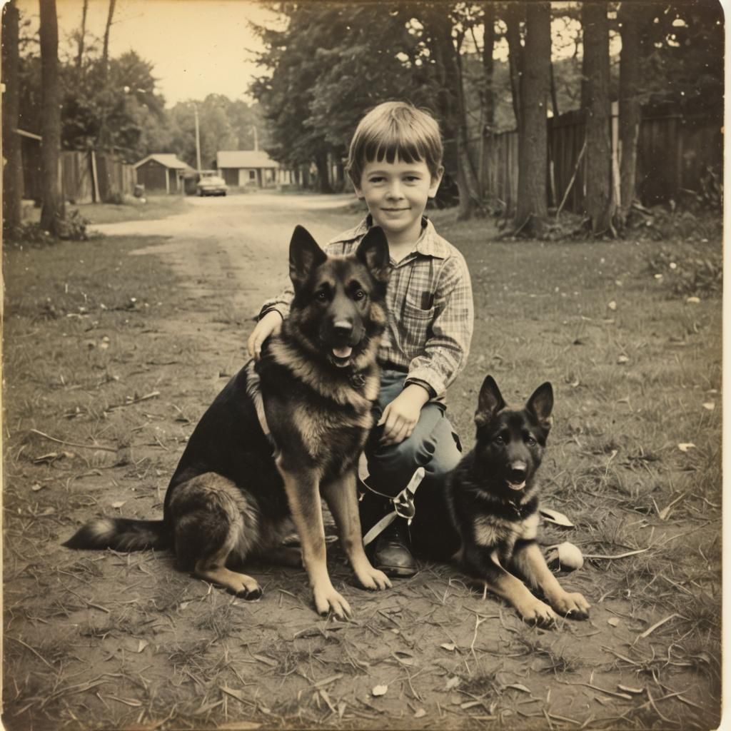 Vintage Polaroid of Child with German Shepherd
