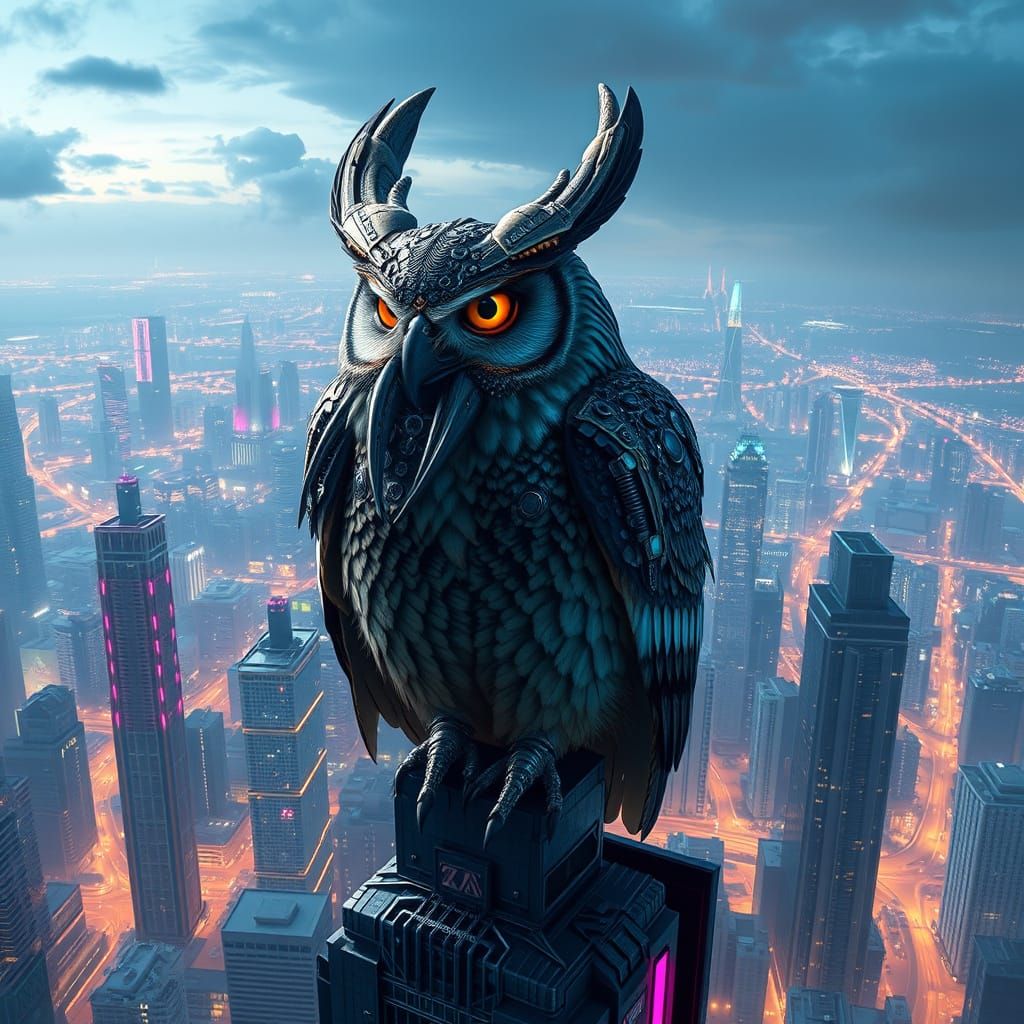 Cybernetic Great Horned Owl in Futuristic City