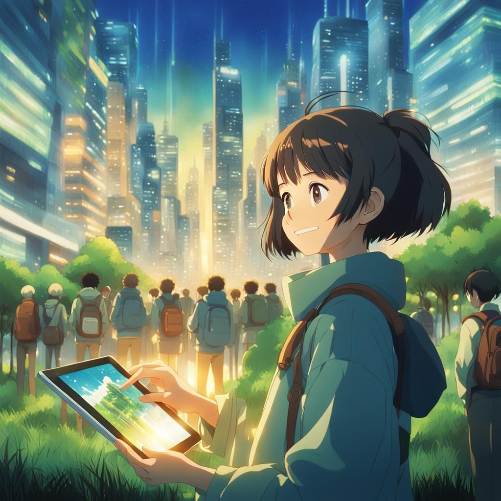 Anime Girl with Tablet and Futuristic Cityscape
