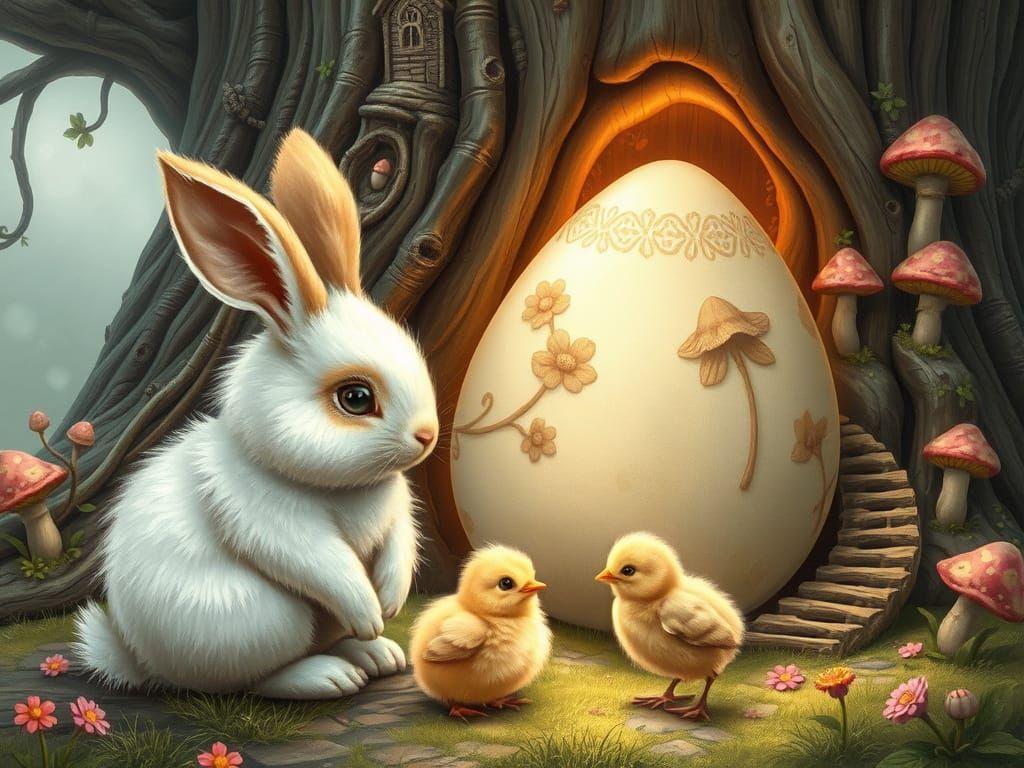Enchanted Fairy Village with Bunny and Easter Egg