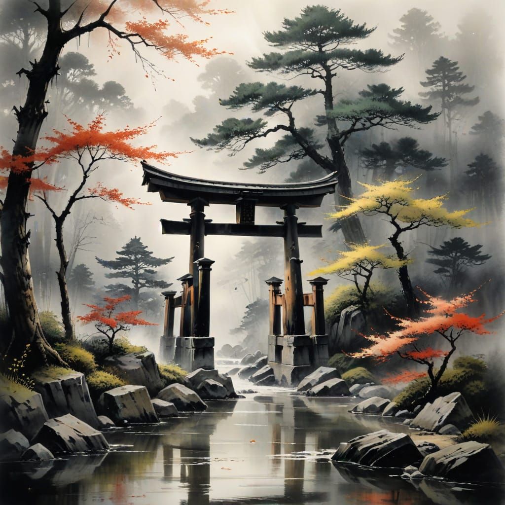 Sumi-e Painting of a Torii Gate