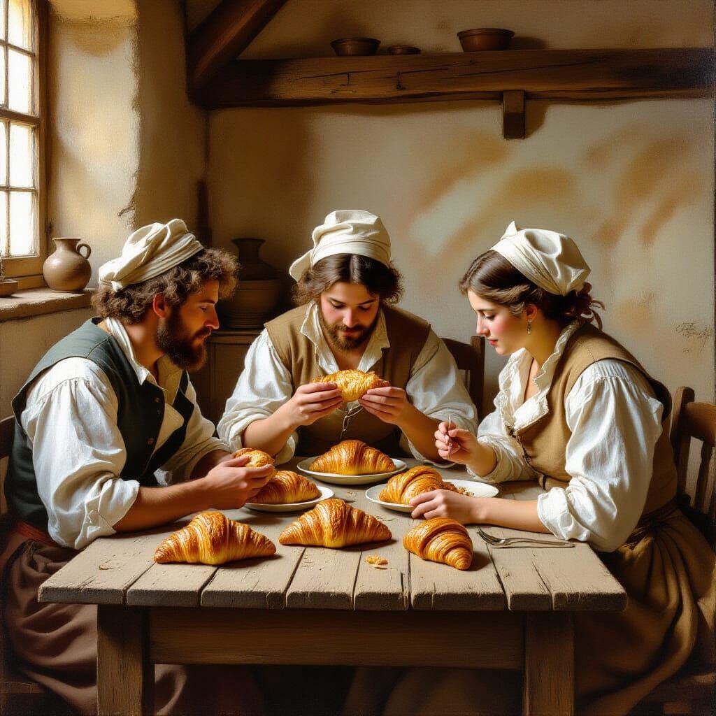 French Peasants Enjoying Croissants in Rococo Style