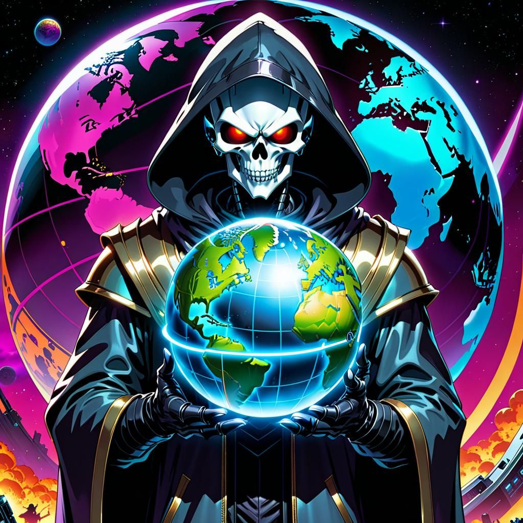Cyber Skeleton Holds Earth Globe in 90s Anime Style