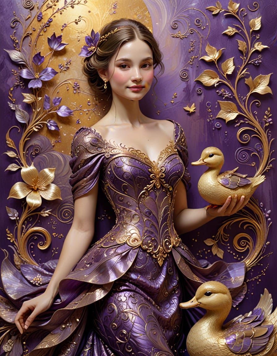 Elegant Lady with Duckling in Dreamlike Mixed Media