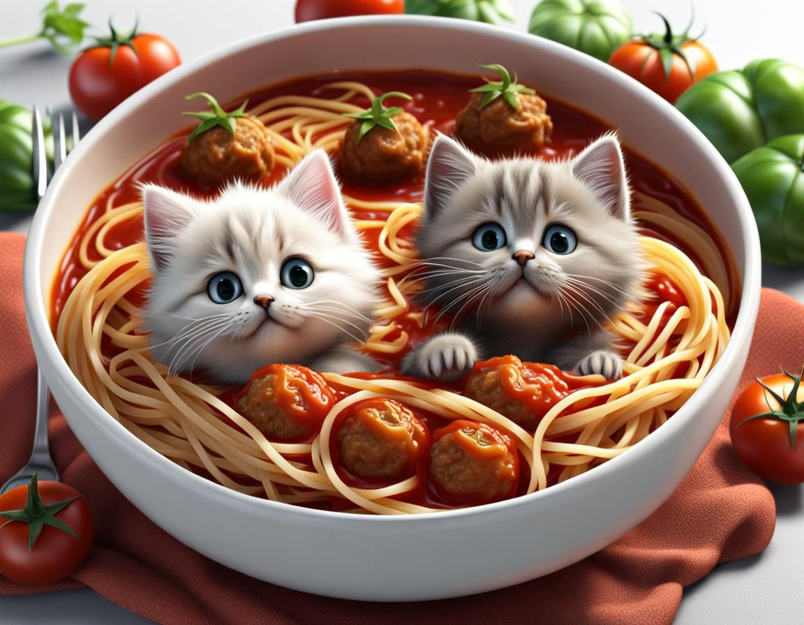 Kittens' Spaghetti Feast in Photorealistic 3D