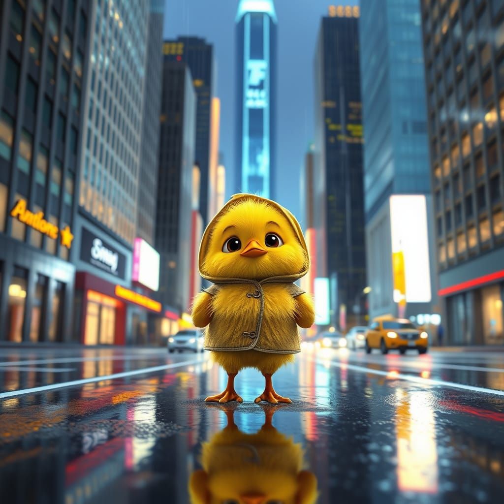 Scared Chick in Rainy City, Pixar Style
