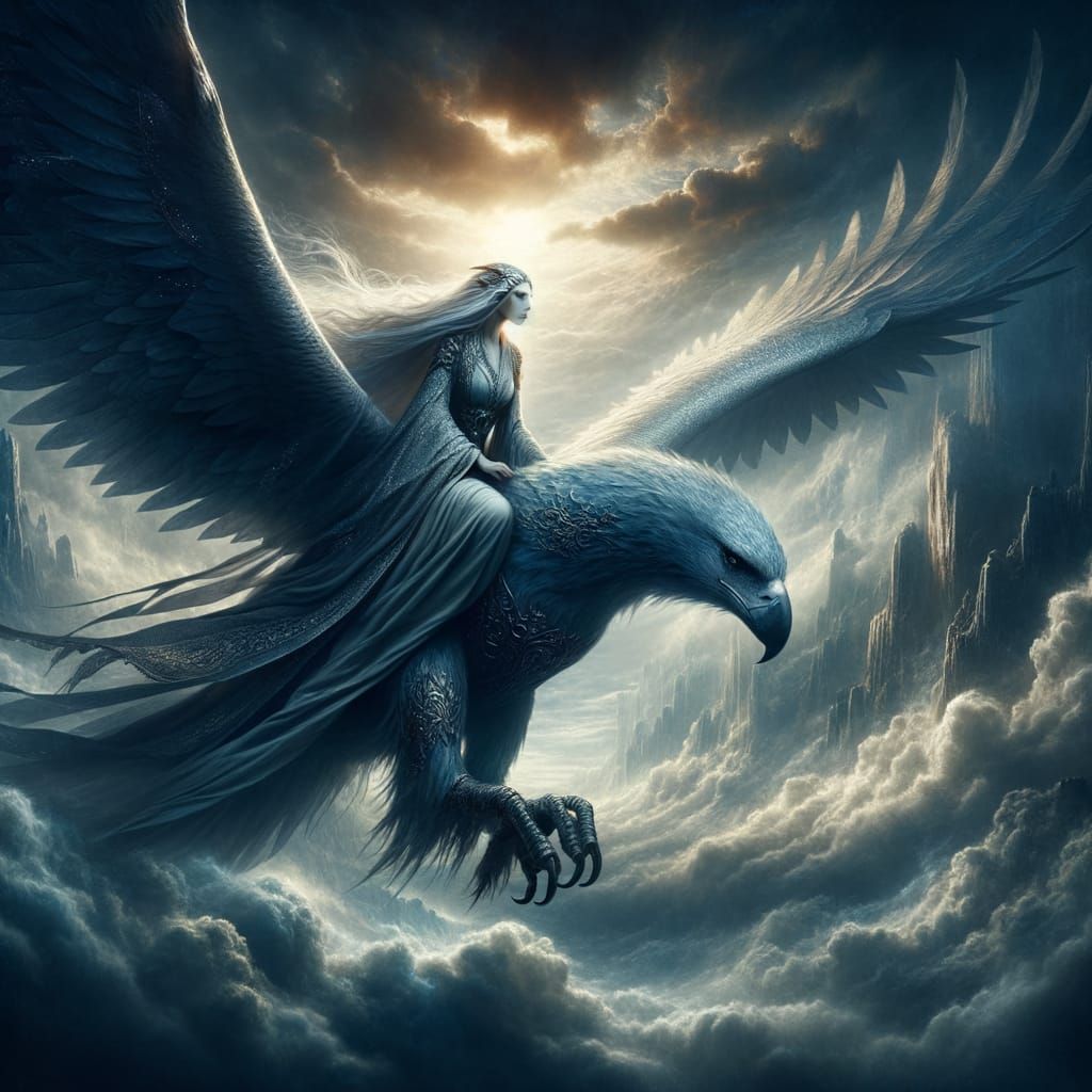 Elven Princess Soaring on Azure Eagle