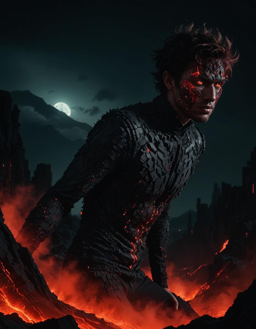 Lava Man in Pixelated Surrealist Landscape