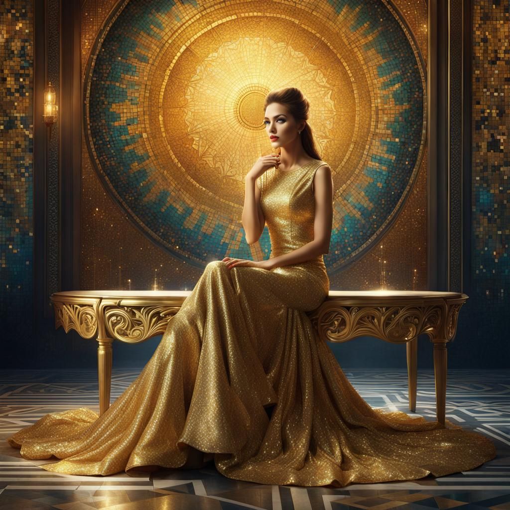 a woman in a gold dress sitting in front of a mosaic wall, digital art, by Kerembeyit, fantasy art, jaw dropping beauty,...