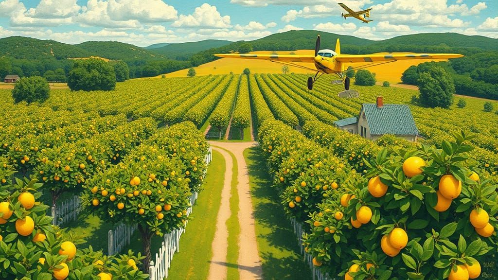 Lemon Orchard: Vintage Biplane in Gouache Style